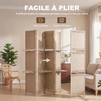 HOMCOM Séparateur de pièces 4 panneaux 2 étagères pliables naturel paille(m-4)