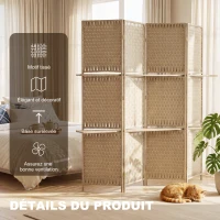 HOMCOM Séparateur de pièces 4 panneaux 2 étagères pliables naturel paille(m-6)