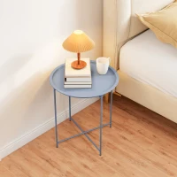 Outsunny Mesa Baixa Redonda Mesa de Apoio Tampo Removível com Rebordo Elevado Pés Dobráveis em Aço Ø46x50cm Azul Cinzento(m-5)