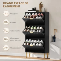 HOMCOM Meuble à chaussures 18 paires avec 3 tiroirs rabattables, portes cannelées et étagères réglables, 60x24x122,5cm, noir(m-5)