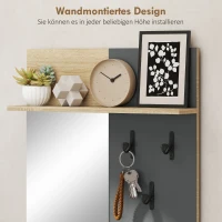 HOMCOM Garderobenset für Eingangsbereich, Schuhbank, Spiegel, 3 Haken, Offenes Regal, Flurmöbel, Naturholz+Grau(m-5)