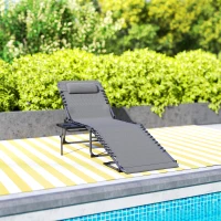 Outsunny Bain de soleil pliante dossier réglable sur 5 niveaux, plateau, appuie-tête, poche latérale 60x190x31cm, gris(m-9)