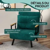 HOMCOM Fauteuil convertible 1 place fauteuil-lit chauffeuse 3 en 1 dossier réglable oreiller tissu velours 63x73x81cm vert(m-6)