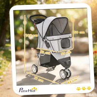 PawHut Poussette pour Chien 4 Roues, Chariot Pliable avec Auvent Réglable, Panier de Rangement, 77x44x102cm, Gris(m-3)