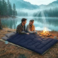 Outsunny Sac de Dormit Dublu pentru Adulți Mărime Queen pentru 2 Persoane cu 2 Perne și Husă de Transport Albastru Închis(m-2)