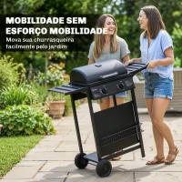 Outsunny Barbecue a Gás BBQ com 2 Queimadores de 5 kW Termómetro Mesas Laterais Prateleira Grelha de Aquecimento 2 Rodas Preto(m-8)