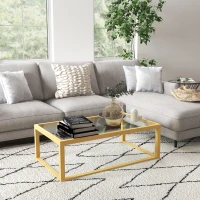 HOMCOM Table basse rectangulaire table de salon avec plateau en verre trempé cadre en bois d'hévéa dim. 100L x 60l x 35H cm(m-10)