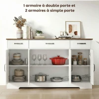 HOMCOM Buffet, meuble de rangement cuisine style ferme avec 4 portes de grange, 3 tiroirs, étagères ajustables, blanc(m-4)
