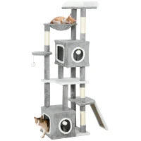 PawHut Arbre à chat tour de jeux pour chats centre d'activités 2 niches plateformes hamac échelle et 4 pompons 165 cm gris(m-11)