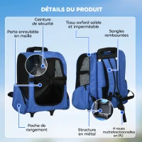 PawHut Sac de transport à roulettes pour chien 2 en 1 trolley chariot sac à dos pour chien chat avec poignée téléscopique, sacs de rangement, aérations, attache de sécurité, 42 x 25 x 55 cm, bleu(m-6)
