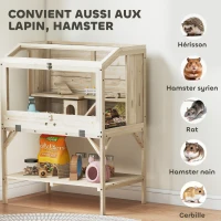 PawHut Cage hamster en bois, cage rongeur à 2 niveaux, étagère de rangement, couvercle ouvrant, 84 x 53 x 110 cm, bois naturel(m-9)