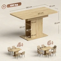 HOMCOM Masă extensibilă dreptunghiulară pentru 4-6 persoane, masă de bucătărie 110-130 cm, 6 rafturi deschise, lemn natural(m-3)