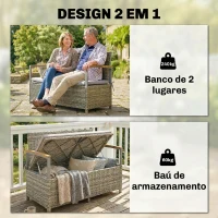 Outsunny Banco de Armazenamento Exterior 170 L com Almofada Lavável Encosto Apoios de Braços em Madeira de Acácia Cinzento Claro(m-4)