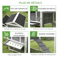 PawHut Poulailler en bois poulailler pour poules extérieur avec pondoir bac amovible en bois massif 297,5 x 68 x 118 cm blanc(m-7)