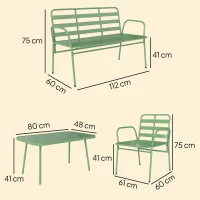 Outsunny Salon de Jardin Extérieur en Acier 4 Pièces, Canapé 2 Places, 2 Fauteuils, Table Basse, à Lattes, 112x60x75cm, Vert(m-3)