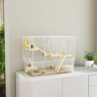 PawHut Cage à hamster à 3 niveaux, cage rongeur avec roue d'exercice, plateau profond transparent, 59 x 35,5 x 47 cm, blanc(m-10)
