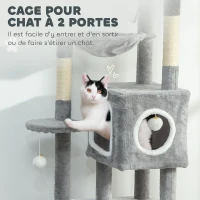 PawHut Arbre à chat tour de jeux pour chats centre d'activités 2 niches plateformes hamac échelle et 4 pompons 165 cm gris(m-5)