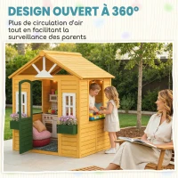 AIYAPLAY Cabane enfant extérieur en bois, maison enfant extérieure avec porte, fenêtres, 2 bacs à fleurs, 134,5x97x150cm, marron(m-7)