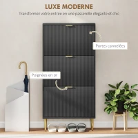 HOMCOM Meuble à chaussures 18 paires avec 3 tiroirs rabattables, portes cannelées et étagères réglables, 60x24x122,5cm, noir(m-4)