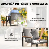 Outsunny Salon de jardin 3 pièces 2 places avec 2 fauteuils 1 table basse, plateau en verre trempé et coussins, gris(m-5)