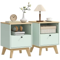 HOMCOM Conjunto de 2 Mesas de Cabeceira Mesas de Noite com Gaveta e Compartimento Aberto 40x40x55 cm Carvalho e Verde Claro(m-7)