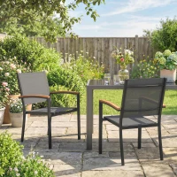 Outsunny Lot de 2 Chaises de Jardin Empilables en Métal et Textilène, Accoudoirs en WPC, Dossier Haut, 56x62x89cm, Gris(m-8)