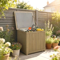 Outsunny Coffre de Rangement Boîte de Jardin 130L Doublure Amovible pour Coussins et Outils Bois Massif Brun(m-10)