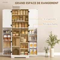 HOMCOM Buffet haut cuisine, armoire de cuisine, 4 portes, 10 niches, 8 porte-épices et étagères réglables, 60x35x162cm, blanc(m-4)