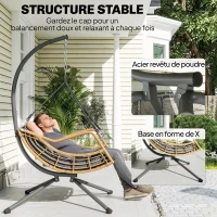 Outsunny Fauteuil suspendu en résine tressée avec support, chaise suspendue, coussin, attache de sécurité, hauteur réglable, gris(m-7)