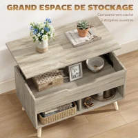 HOMCOM Table basse relevable, table de salon avec compartiment caché et étagères ouvertes, 75 x 40 x 58 cm, bois naturel(m-5)