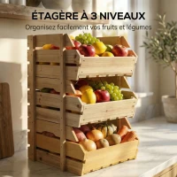 Outsunny Support de Corbeille à Fruits en Bois de Sapin à 3 Étages Amovibles, pour Fruits et Légumes, 27x37,5x60cm, Naturel(m-4)