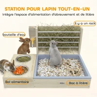 PawHut Râtelier à Foin en Bois pour Lapin Mangeoire Lapin 3 en 1 avec Bac à Litière et Bouteille d'Eau 58x40x32cm Bois Naturel(m-4)