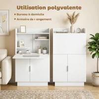 HOMCOM Bureau d'ordinateur pliant, bureau informatique avec plateau rabattable, étagères et placard, 80x30x128cm, blanc(m-4)