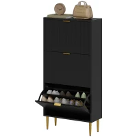 HOMCOM Meuble à chaussures 18 paires avec 3 tiroirs rabattables, portes cannelées et étagères réglables, 60x24x122,5cm, noir(m-1)