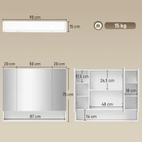 kleankin Armoire murale salle de bain avec miroir, armoire de toilette 3 portes miroir, étagères réglables, 90x15x75cm, blanc(m-3)