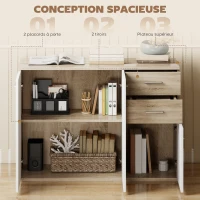 HOMCOM Buffet salon, meuble de rangement avec 2 tiroirs, 3 portes et étagère réglable, 106 x 35 x 76 cm, blanc et bois naturel(m-4)