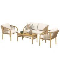 Outsunny Salon de Jardin Extérieur 4 Pièces avec Canapé 2 Fauteuils Table Coussins, Acier Résine Tressée, 120x72x73cm, Kaki(m-1)