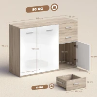 HOMCOM Buffet salon, meuble de rangement avec 2 tiroirs, 3 portes et étagère réglable, 106 x 35 x 76 cm, blanc et bois naturel(m-3)