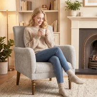 HOMCOM Fauteuil de salon, canapé 1 place avec dossier haut, accoudoirs, assise large, pieds en bois d'hévéa, tissu en lin, gris(m-2)