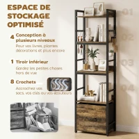 HOMCOM Bibliothèque à 4 niveaux, étagère de rangement étroite avec tiroir, 8 crochets, , 39 x 26 x 136,5 cm, brun rustique(m-4)