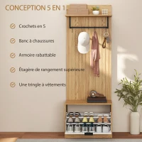 HOMCOM Meuble d'entrée 5 en 1, vestiaire d'entrée, banc à chaussures rabattable, étagère et 4 crochets, 60x30x170cm, chêne(m-4)