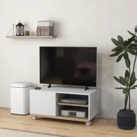 HOMCOM Meuble TV sur roulettes avec 2 Freins - 2 niches + Placard Porte 2 Passe-Fil - en bois Blanc chêne Clair(m-10)