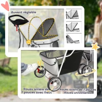 PawHut Poussette pour Chien 4 Roues, Chariot Pliable avec Auvent Réglable, Panier de Rangement, 77x44x102cm, Gris(m-6)
