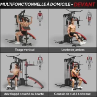 SPORTNOW Station Multi Gym avec Poids de 65 kg, Équipement de Musculation avec Banc pour Abdominaux, Noir et Rouge(m-4)