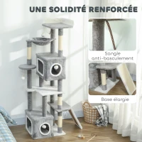 PawHut Arbre à chat tour de jeux pour chats centre d'activités 2 niches plateformes hamac échelle et 4 pompons 165 cm gris(m-7)