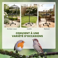 PawHut Perchoir perroquet mangeoire à oiseaux sur pied 4 roulettes, 2 mangeoires en acier inoxydable, Ø 60 x 111 cm, gris(m-4)