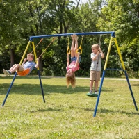 AIYAPLAY Portique Balancoire Exterieur Enfants 3-en-1, Siège de Balancelle, 2 Anneaux Gymnastique et Balançoire à Disque(m-10)