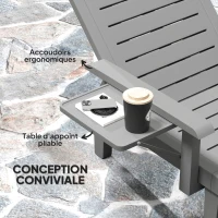 Outsunny Lot de 2 bains de soleil, chaise longue avec dossier inclinable et tablettes pliables, 79x158x88cm, gris foncé(m-5)