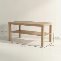 HOMCOM Table basse de salon, table d'appoint rectangulaire à 2 niveaux avec étagère de rangement, 90x45x44,5cm, bois naturel(m-3)