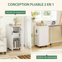 HOMCOM Meuble à repasser 2 en 1, table à repasser pliante sur roulettes avec étagère réglable et charnières, blanc(m-4)